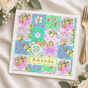 Chic Pink Sicilian Citrus Floral Tile Collage Napkin