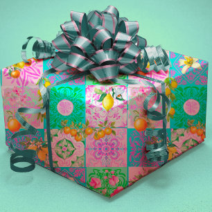 Chic Pink Sicilian Citrus Floral Tiles Wrapping Paper