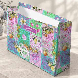 Chic Pink Sicilian Citrus Majolica Floral Tile Large Gift Bag