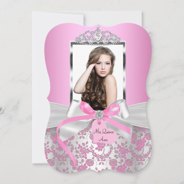 Chic Pink Silver Bow & Rose Photo Quinceanera Invitation (Front)