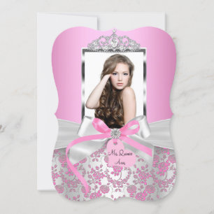 Chic Pink Silver Bow & Rose Photo Quinceanera Invitation