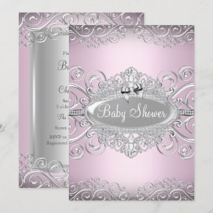 Chic Pink & Silver Damask Princess Baby Shower Invitation