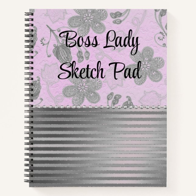 Chic Pink Silver Floral Boss Lady Sketch Custom  Notebook (Front)