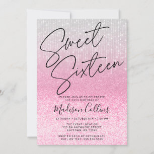 Chic Pink Silver Glitter Sweet 16 Invitation