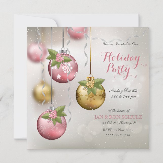 Chic Pink Silver Gold Ornaments Holly Glittery Invitation (Front)