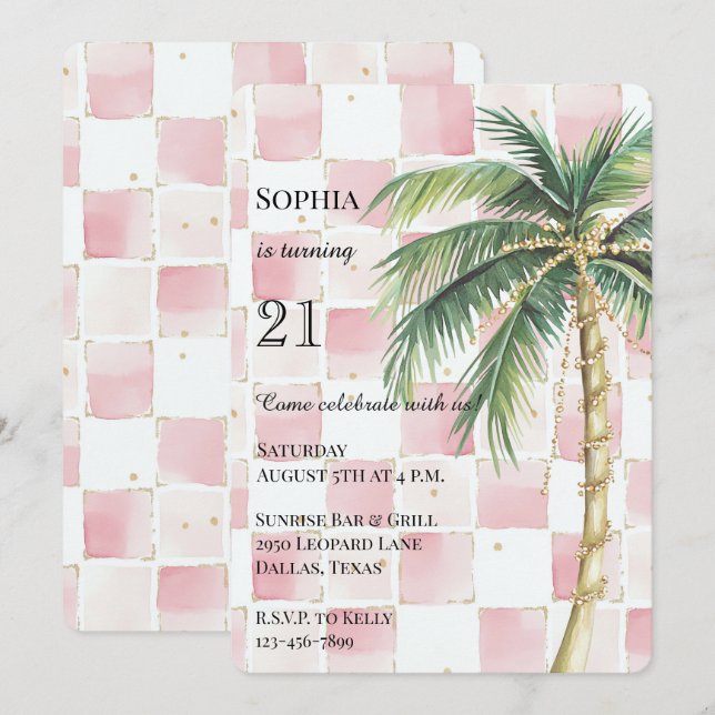 Chic Pink Squares Gold Palm Tree birthday   Invitation (Front/Back)