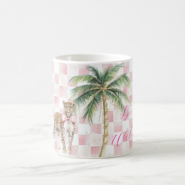 Chic Pink Squares Gold Palm Tree Leopard Coffee Mug (Center)