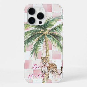 Chic Pink Squares Gold Palm Tree Leopard iPhone 16 Pro Max Case