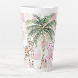 Chic Pink Squares Gold Palm Tree Leopard Latte Mug