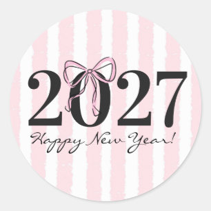Chic Pink Striped Bow 2027 New Year Party Cute Classic Round Sticker