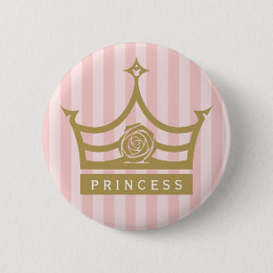 Chic Pink Stripes and Gold Rose Princess Crown 6 Cm Round Badge