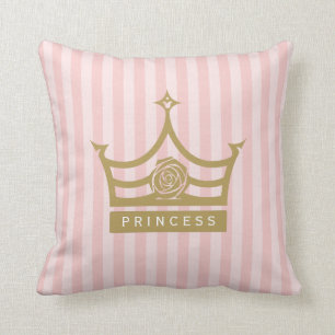 Chic Pink Stripes and Gold Rose Princess Crown Cushion