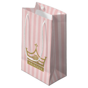 Chic Pink Stripes and Gold Rose Princess Crown Small Gift Bag