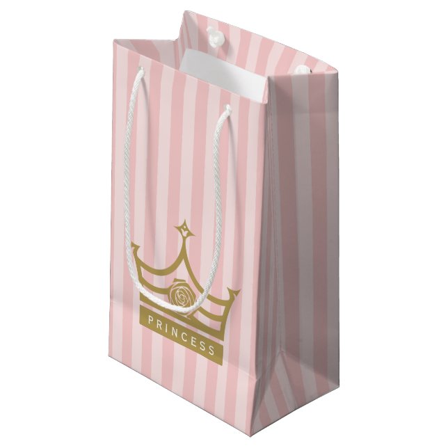 Chic Pink Stripes and Gold Rose Princess Crown Small Gift Bag (Front Angled)