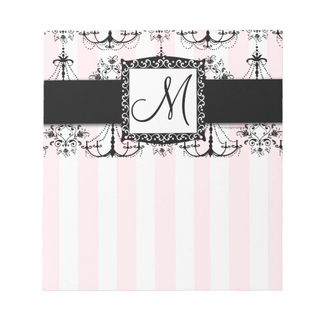 Chic Pink Stripes Black Chandeliers Notepad (Front)