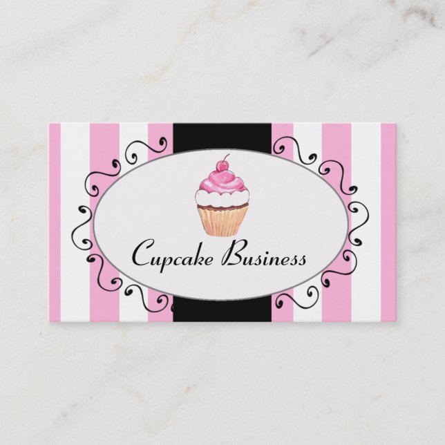 Chic Pink Stripes Cupcake Bakery Business Card (Front)