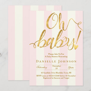 Chic pink stripes & gold foil baby shower invitation