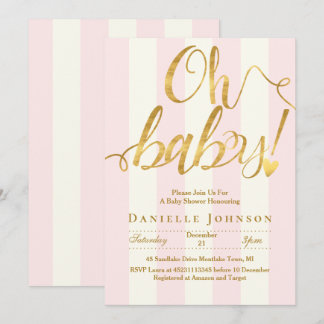 Chic pink stripes & gold foil baby shower invitation