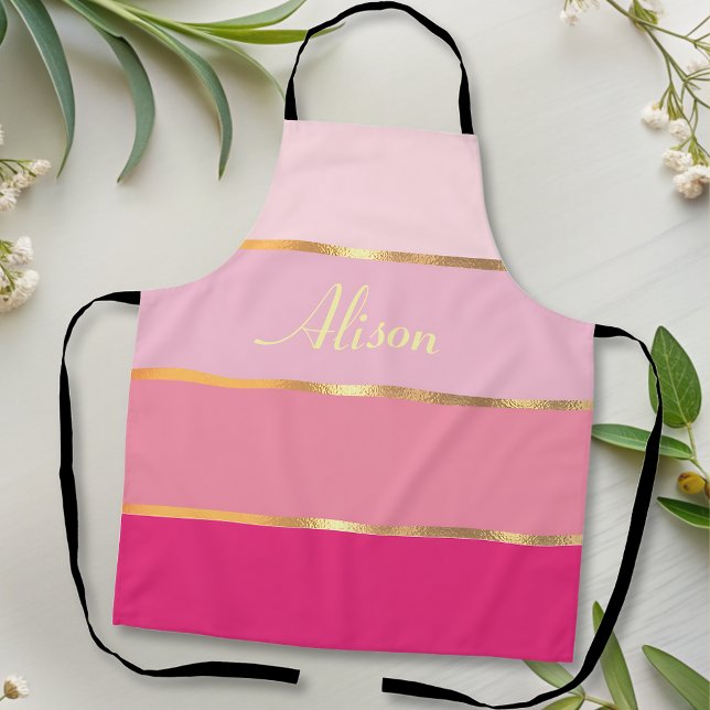 chic pink stripes gold Name  Apron (Creator Uploaded)