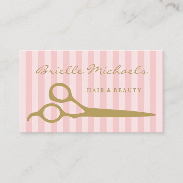 Chic Pink Stripes Gold Scissors Hair and Beauty Business Card (Front)