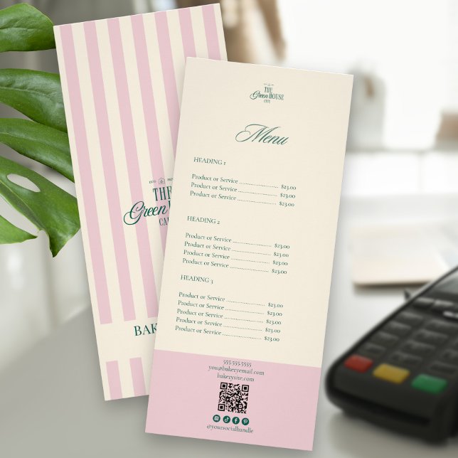 Chic Pink Stripes Green Bakery Logo QR Price Rack Card (Creator Uploaded)