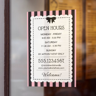 Chic Pink Stripes Scalloped Edges Open Hours Window Cling