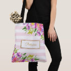 Chic Pink Stripes Watercolor Floral Tote Bag