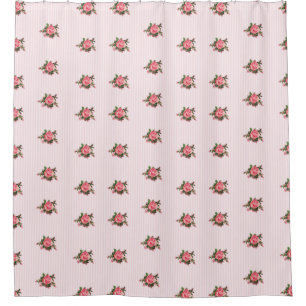 Chic Pink Tea Roses and Stripes Shower Curtain
