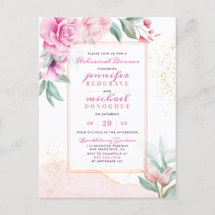 Chic Pink Trendy Roses Botanical Rehearsal Dinner Invitation Postcard