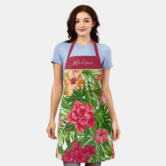 Chic Pink Tropical Floral Print with Name Apron (Worn)