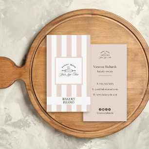 Chic Pink Vertical French Striped Bakery Logo Business Card