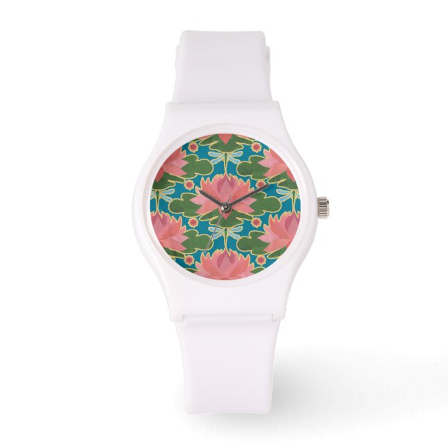 Chic Pink Water Lilies and Dragonflies Wristwatch (Front)