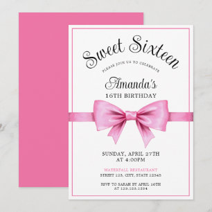 Chic Pink Watercolor Bow Sweet 16 Birthday Invitation