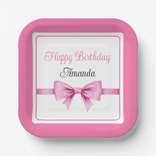 Chic Pink Watercolor Bow Sweet 16 Birthday Paper Plate