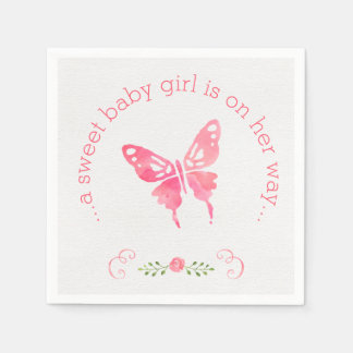 Chic Pink Watercolor Butterfly Girl Baby Shower Napkin