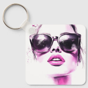 Chic Pink Watercolor Fashion Woman Sunglasses Key Ring