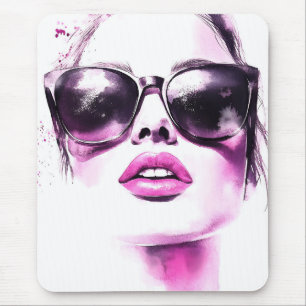 Chic Pink Watercolor Fashion Woman Sunglasses Mouse Mat