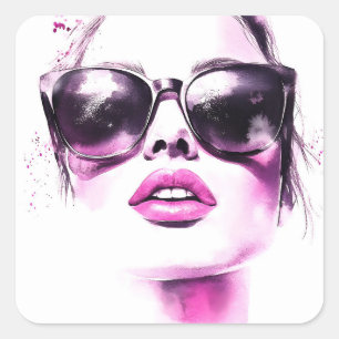 Chic Pink Watercolor Fashion Woman Sunglasses Square Sticker