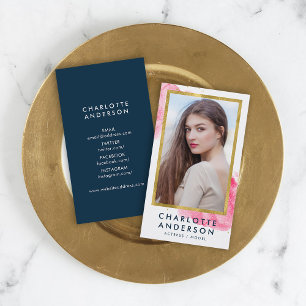 Chic Pink Watercolor Faux Gold Headshot Photo Business Card