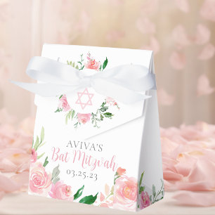 Chic Pink Watercolor Floral Bat Mitzvah Party Favour Box