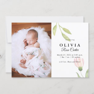Chic Pink Watercolor Floral Birth Announcement