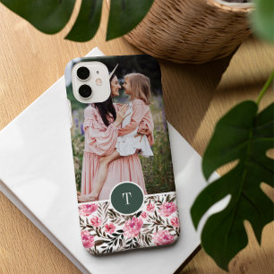 Chic Pink Watercolor Floral Monogram & Photo iPhone 16 Case