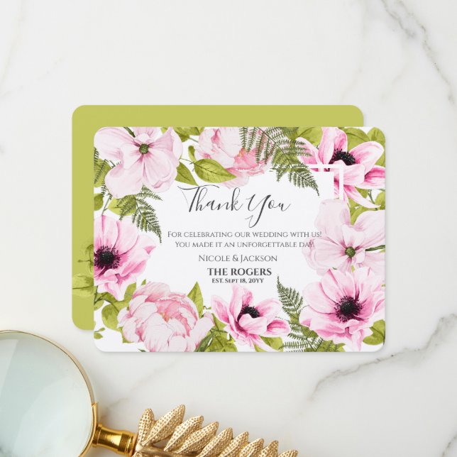 Chic Pink Watercolor Floral Thank You Card (Front/Back In Situ)