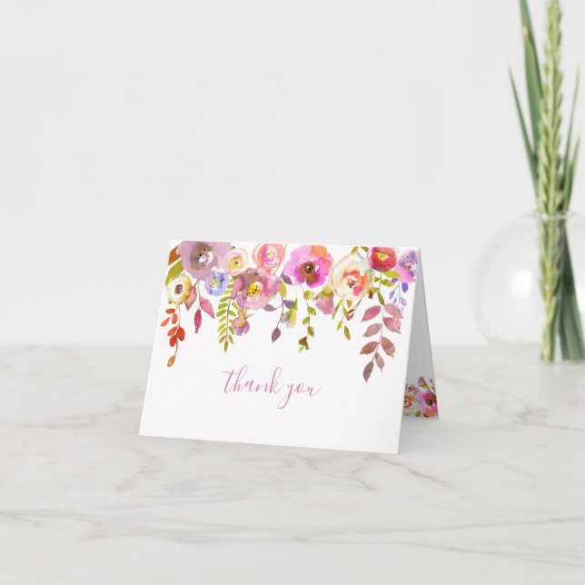 Chic Pink Watercolor Floral thank you note (Front)