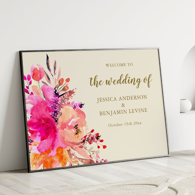 Chic Pink Watercolor Floral Wedding Welcome Sign (Creator Uploaded)