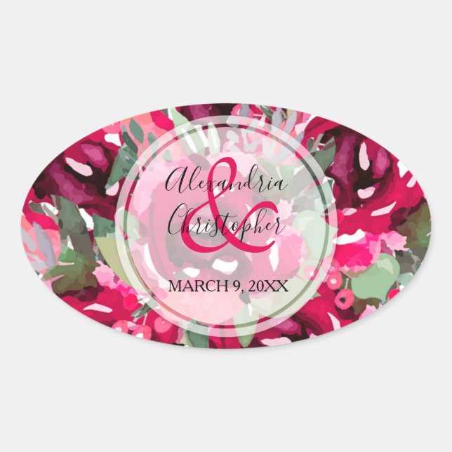 Chic Pink Watercolor Flowers Oval Sticker (Front)