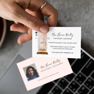 Chic Pink Watercolor Front Door Real Estate Photo Business Card