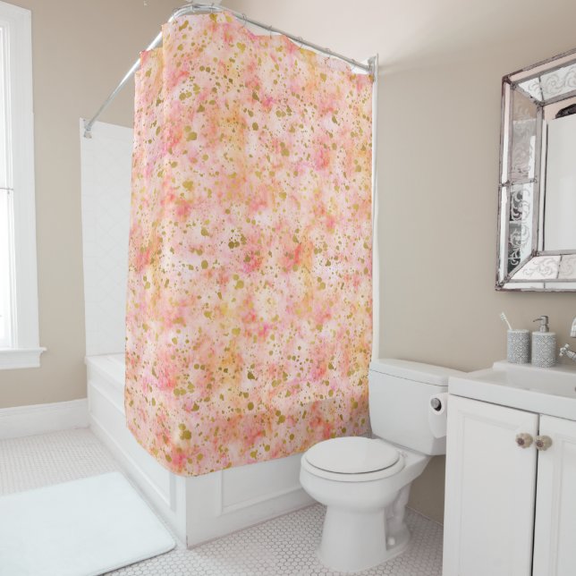 Chic Pink Watercolor Gold Confetti Shower Curtain (In Situ)