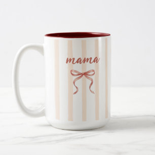 Chic Pink Watercolor Stripes and Bow Mama Custom  Two-Tone Coffee Mug