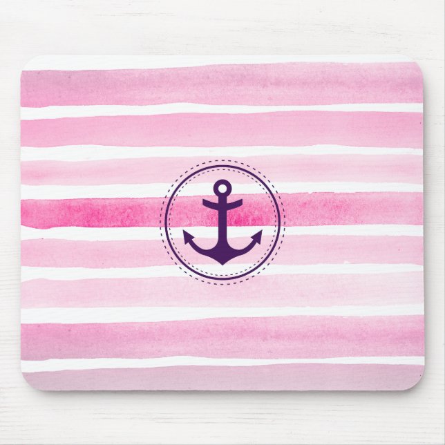 Chic Pink Watercolors Stripes Nautical Anchor Mouse Mat (Front)